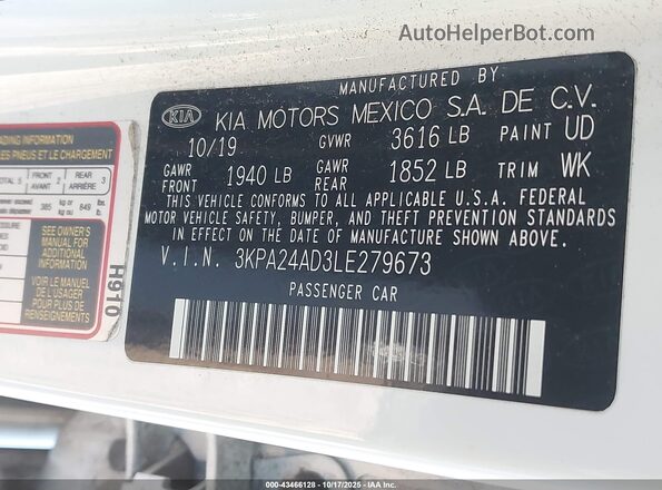 3KPA24AD3LE279673 2020 KIA RIO White Engine compartment view