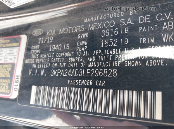 3KPA24AD3LE296828 2020 KIA RIO Black Vista del compartimento del motor