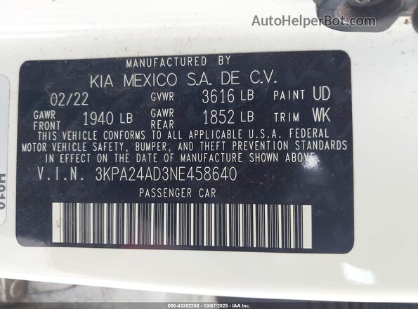 3KPA24AD3NE458640 2022 KIA RIO White Շարժիչի բաժամունքի տեսք