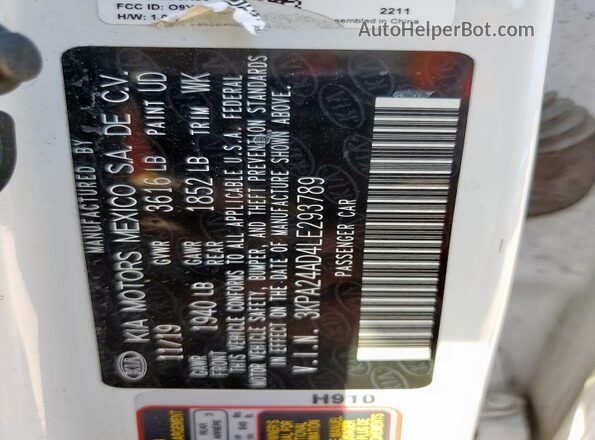 3KPA24AD4LE293789 2020 KIA RIO White VIN კოდის სტიკერის ხედი