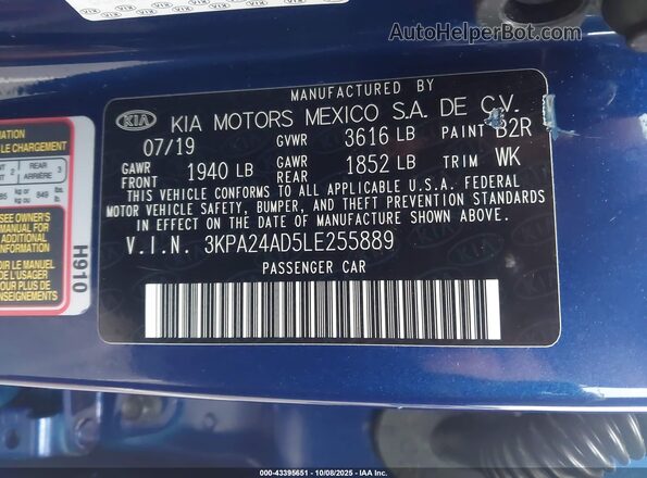 3KPA24AD5LE255889 2020 KIA RIO Dark Blue ძრავის განყოფილების ხედი