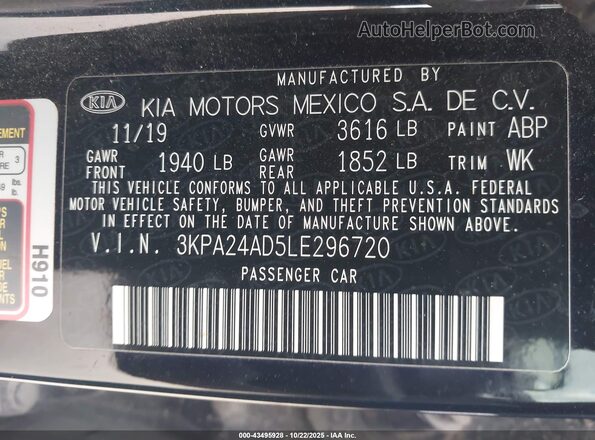 3KPA24AD5LE296720 2020 KIA RIO Black Vista del compartimento del motor
