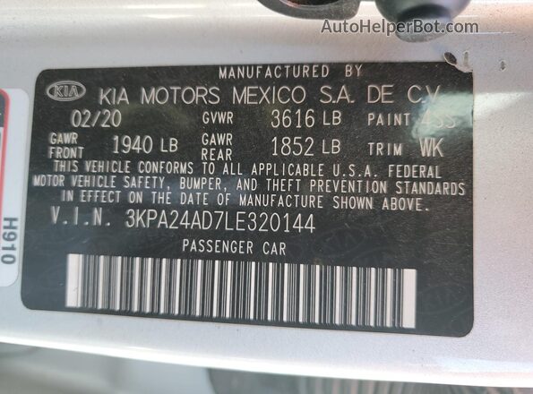 3KPA24AD7LE320144 2020 KIA RIO Silver ძრავის განყოფილების ხედი