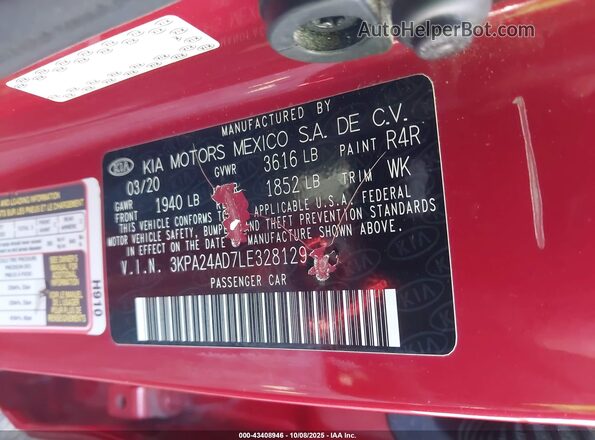 3KPA24AD7LE328129 2020 KIA RIO Red Vista del compartimento del motor