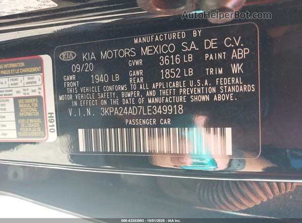 3KPA24AD7LE349918 2020 KIA RIO Black Vista del compartimento del motor