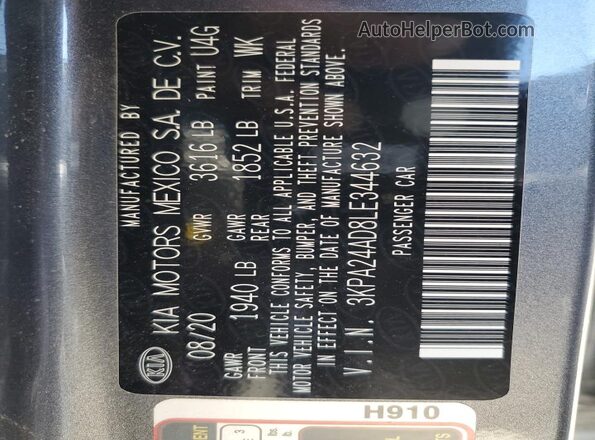 3KPA24AD8LE344632 2020 KIA RIO Gray Engine compartment view