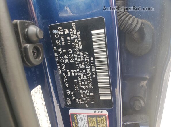 3KPA24AD8LE349149 2020 KIA RIO Синий Вид наклейки с VIN-кодом