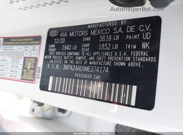 3KPA24AD9ME374174 2021 KIA RIO White ძრავის განყოფილების ხედი