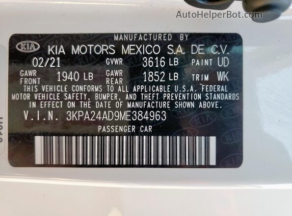 3KPA24AD9ME384963 2021 KIA RIO White Вид наклейки з VIN-кодом