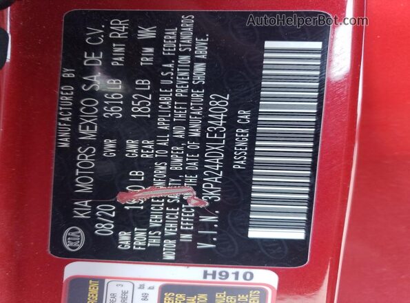 3KPA24ADXLE344082 2020 KIA RIO Red Вид підкапотного простору