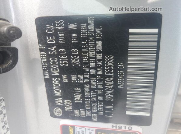 3KPA24ADXLE355633 2020 KIA RIO Silver Вид підкапотного простору