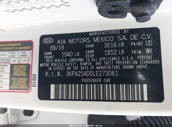 3KPA25AD0LE273061 2020 KIA RIO 5-DOOR Белый Вид подкапотного пространства