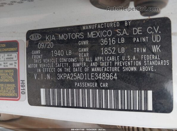 3KPA25AD1LE348964 2020 KIA RIO 5-DOOR White Vista del compartimento del motor