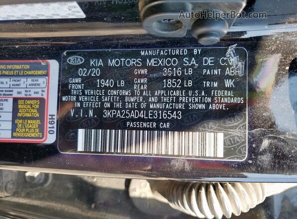 3KPA25AD4LE316543 2020 KIA RIO Black Vista de la etiqueta del VIN