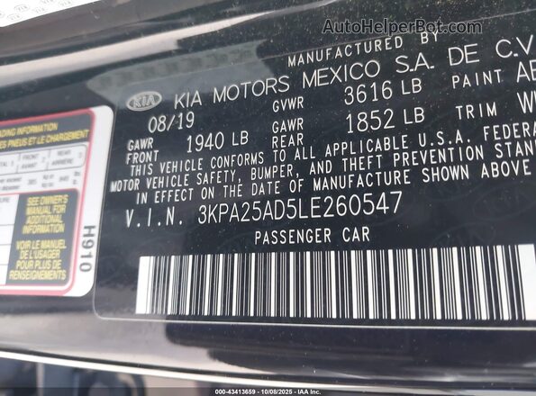 3KPA25AD5LE260547 2020 KIA RIO 5-DOOR Black Engine compartment view