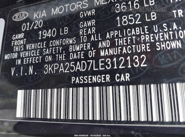 3KPA25AD7LE312132 2020 KIA RIO 5-DOOR Black Vista del compartimento del motor