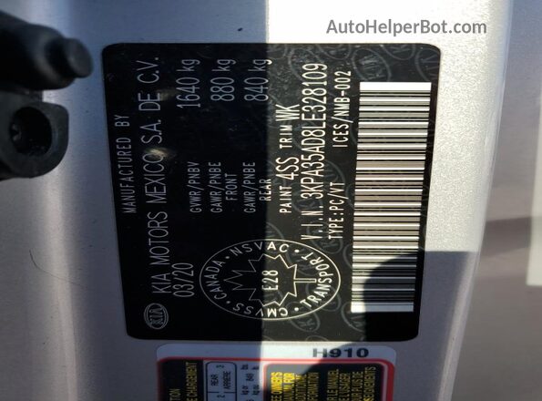 3KPA35AD8LE328109 2020 KIA RIO Silver Вид наклейки з VIN-кодом