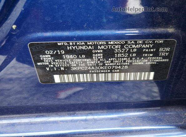 3KPC24A30KE079428 2019 HYUNDAI ACCENT Blue ძრავის განყოფილების ხედი