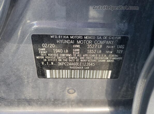 3KPC24A60LE122645 2020 HYUNDAI ACCENT Gray ძრავის განყოფილების ხედი