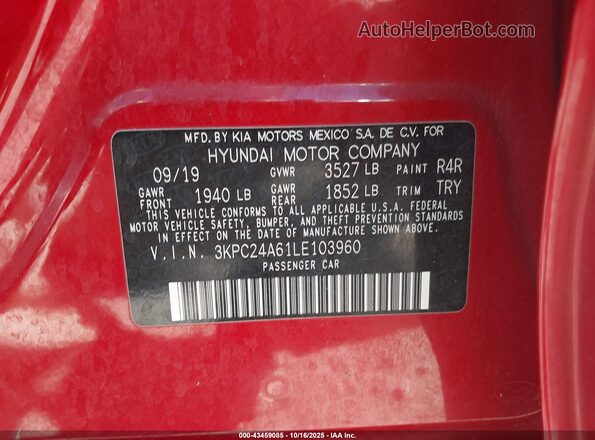 3KPC24A61LE103960 2020 HYUNDAI ACCENT Red Widok komory silnika
