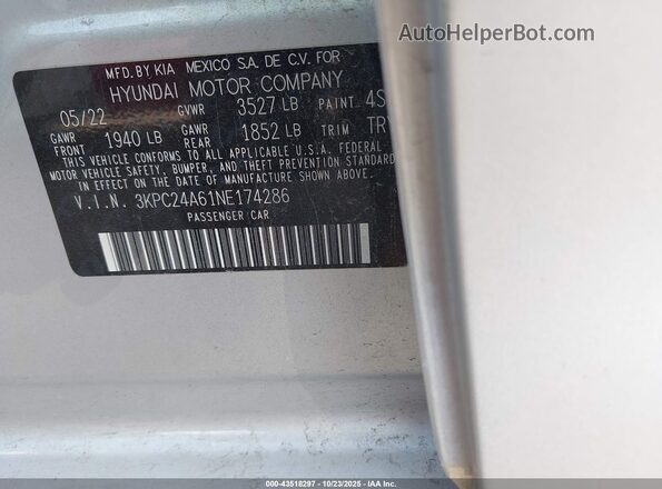 3KPC24A61NE174286 2022 HYUNDAI ACCENT Silver Вид підкапотного простору