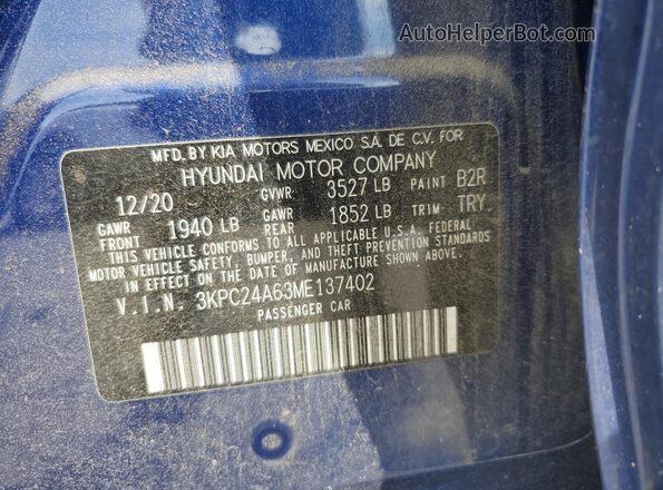 3KPC24A63ME137402 2021 HYUNDAI ACCENT Blue VIN կոդի պիտակի տեսք
