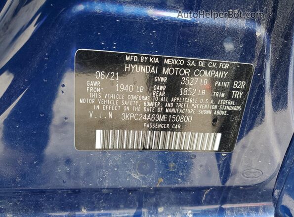 3KPC24A63ME150800 2021 HYUNDAI ACCENT Blue VIN կոդի պիտակի տեսք