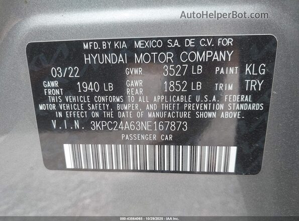 3KPC24A63NE167873 2022 HYUNDAI ACCENT Silver Widok komory silnika