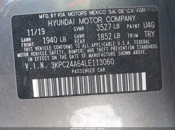 3KPC24A64LE113060 2020 HYUNDAI ACCENT Gray Vista del compartimento del motor