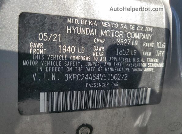 3KPC24A64ME150272 2021 HYUNDAI ACCENT Silver VIN կոդի պիտակի տեսք