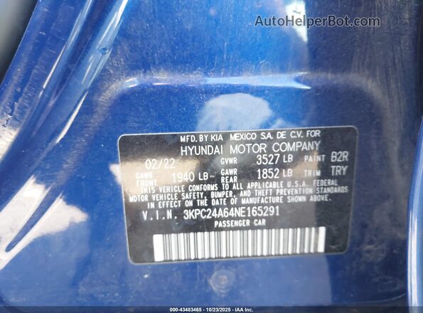 3KPC24A64NE165291 2022 HYUNDAI ACCENT Blue Вид підкапотного простору