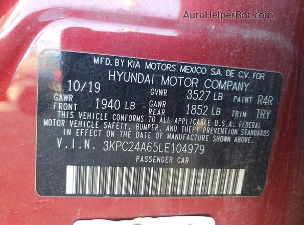 3KPC24A65LE104979 2020 HYUNDAI ACCENT Red Engine compartment view