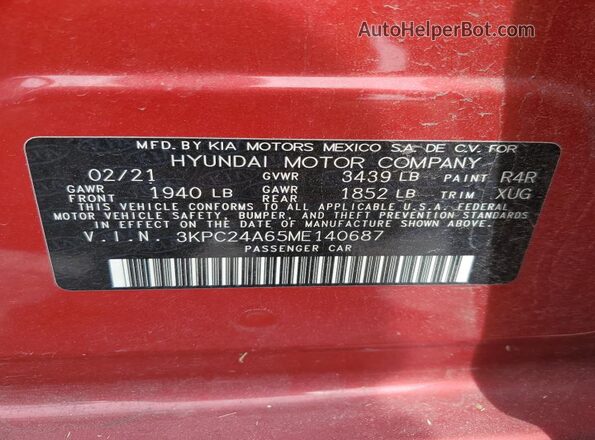 3KPC24A65ME140687 2021 HYUNDAI ACCENT Red Շարժիչի բաժամունքի տեսք