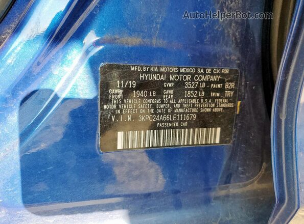 3KPC24A66LE111679 2020 HYUNDAI ACCENT Blue VIN კოდის სტიკერის ხედი