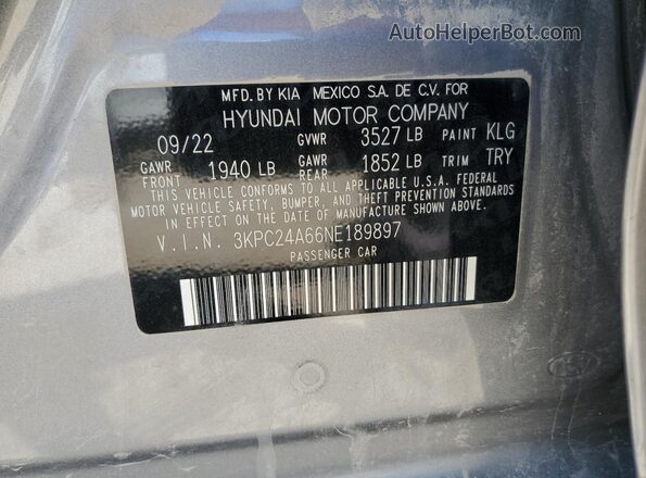 3KPC24A66NE189897 2022 HYUNDAI ACCENT Gray 