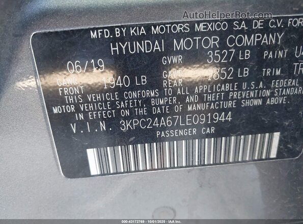 3KPC24A67LE091944 2020 HYUNDAI ACCENT Gray Widok komory silnika