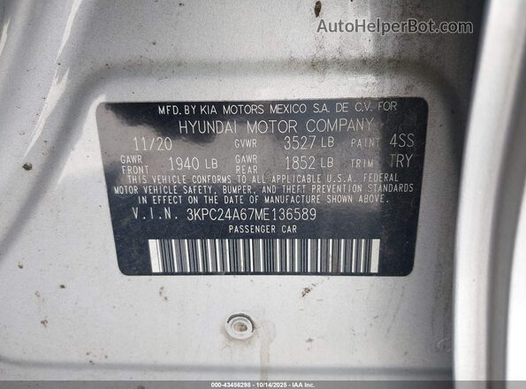 3KPC24A67ME136589 2021 HYUNDAI ACCENT Silver Vista del compartimento del motor