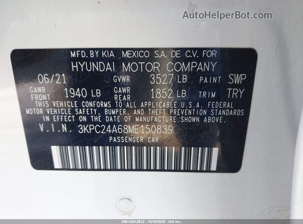 3KPC24A68ME150839 2021 HYUNDAI ACCENT White Engine compartment view