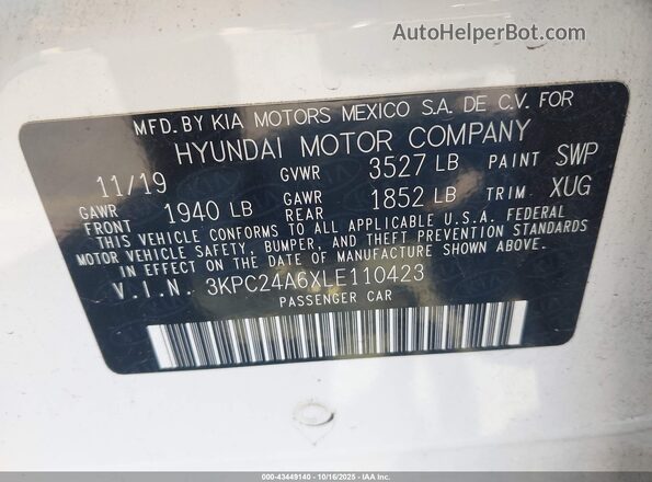 3KPC24A6XLE110423 2020 HYUNDAI ACCENT White ძრავის განყოფილების ხედი