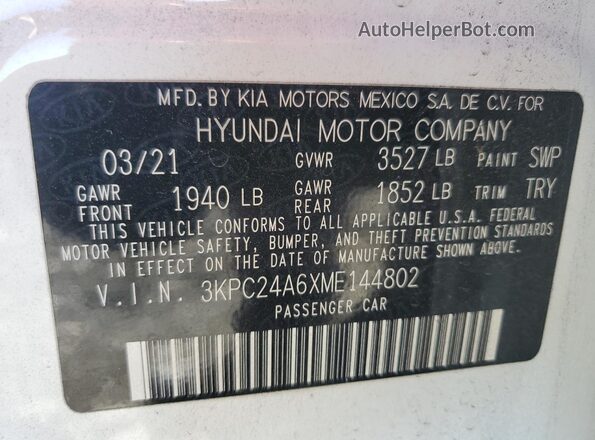 3KPC24A6XME144802 2021 HYUNDAI ACCENT White Widok komory silnika