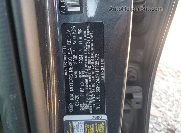 3KPF24AD1LE235273 2020 KIA FORTE Gray VIN sticker view