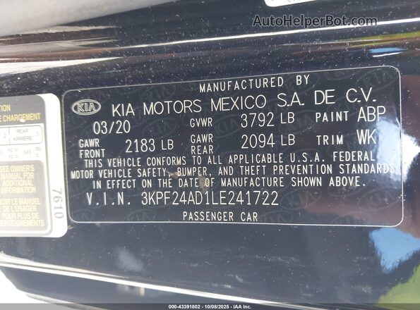 3KPF24AD1LE241722 2020 KIA FORTE Black Engine compartment view