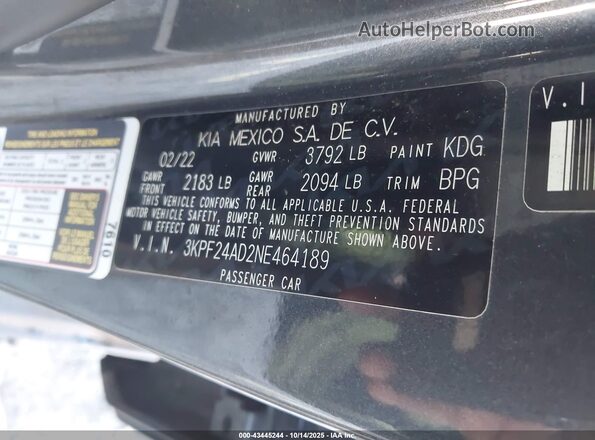 3KPF24AD2NE464189 2022 KIA FORTE Black Widok komory silnika