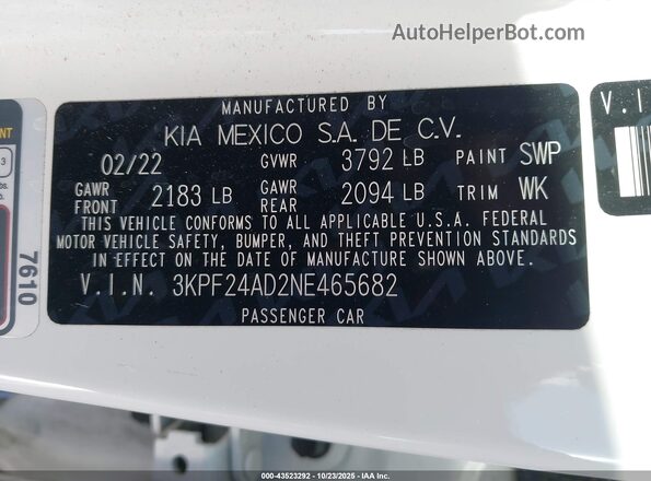 3KPF24AD2NE465682 2022 KIA FORTE White Вид підкапотного простору