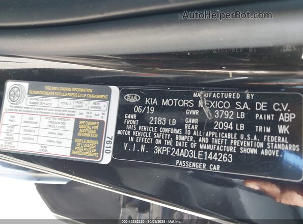 3KPF24AD3LE144263 2020 KIA FORTE Black ძრავის განყოფილების ხედი