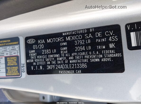 3KPF24AD3LE213386 2020 KIA FORTE Silver Engine compartment view