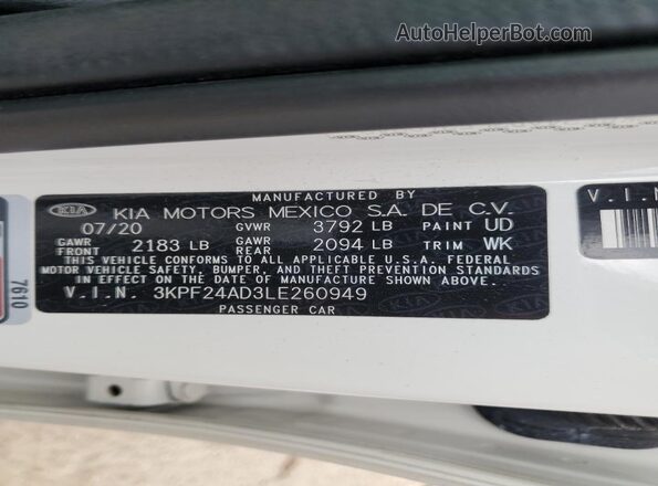 3KPF24AD3LE260949 2020 KIA FORTE White VIN sticker view