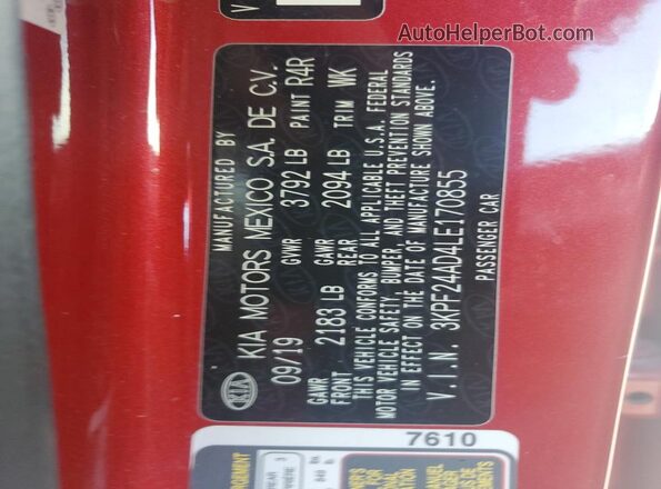 3KPF24AD4LE170855 2020 KIA FORTE Red Widok komory silnika