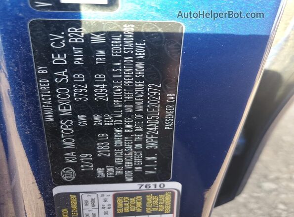 3KPF24AD5LE202972 2020 KIA FORTE Blue Engine compartment view