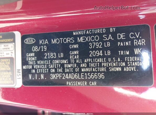 3KPF24AD6LE156696 2020 KIA FORTE Red Vista del compartimento del motor